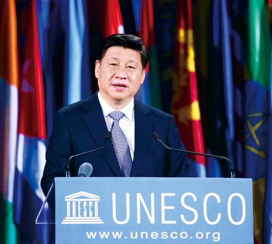 2014年3月27日，国家主席习近平在巴黎联合国教科文组织总部发表重要演讲。 新华社记者 姚大伟/摄