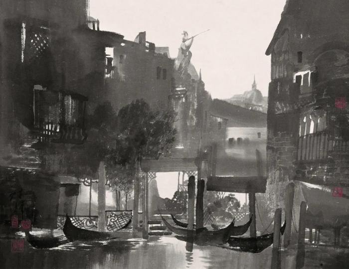 陈辉作品《威尼斯码头》。在绘制威尼斯水城时，中国水墨画中水特有的流动性、意韵性及墨分五色的变化，能赋予威尼斯水城一种中国江南小桥流水之感。本人供图