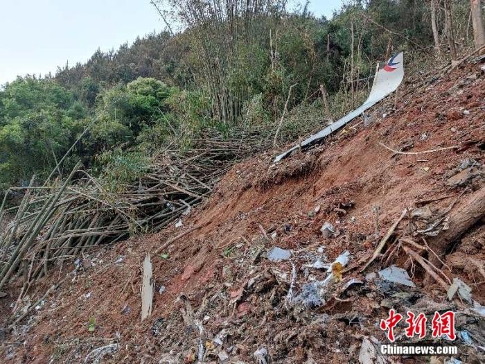 东航客机坠机现场 残骸散落在地。通讯员 江怀鹏 武警广西梧州支队提供