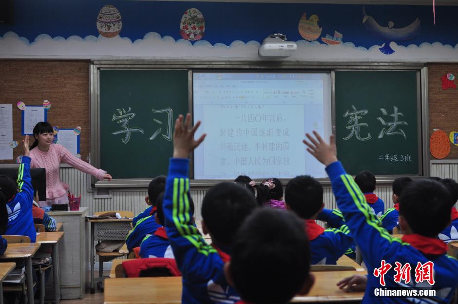 资料图：成都一小学学习宪法宣誓活动现场。 <a target='_blank' href='/'>中新社</a>发 钟欣 摄