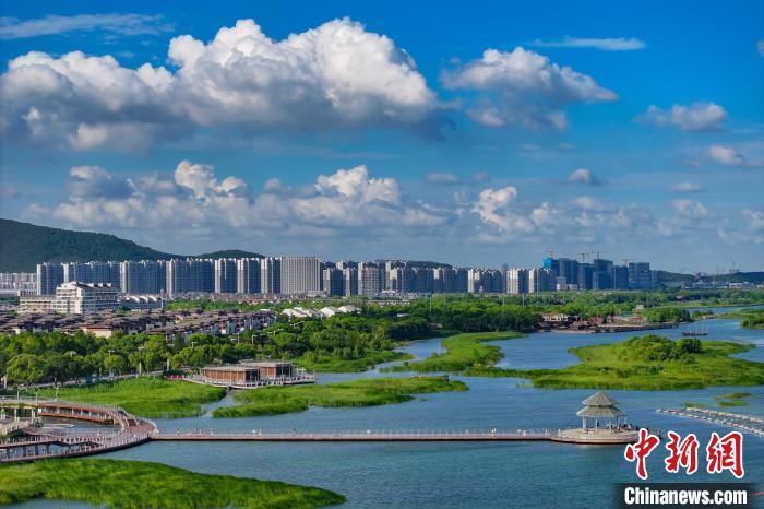 资料图：航拍苏州太湖湖滨国家湿地公园，蓝天碧水生态美。 泱波 摄
